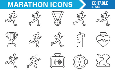 Modern line icons for marathon sports events, training, performance, and running challenges