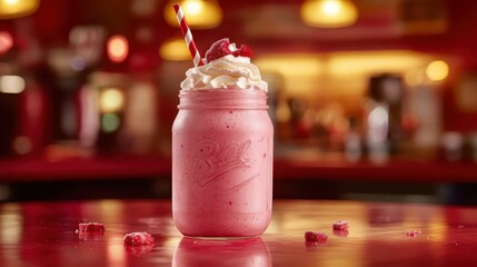 Delicious Strawberry Smoothie in Mason Jar with Whipped Cream