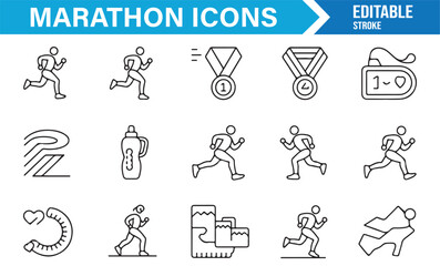 Vector outline marathon icons including runners, medals, hydration, and stopwatch symbols