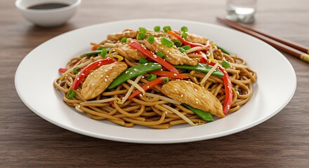 Delicious Chicken Lo Mein with Fresh Vegetables Presented on a White Plate and Soy Sauce