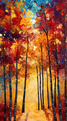 Peaceful autumn forest path surrounded by bright trees high resolution picture