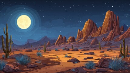 A breathtaking view of a desert landscape illuminated by a full moon. The rugged mountains and cacti create an enchanting atmosphere beneath the starlit sky.