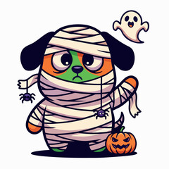 Adorable Puppy Wrapped in Mummy Costume with Pumpkin Ghost and Spiders Cartoon Illustration
