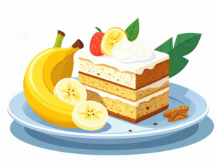 Flat Vector Banana Dessert with Cake and Banana Slice, Minimal Cooking Illustration, Isolated Transparent Background PNG