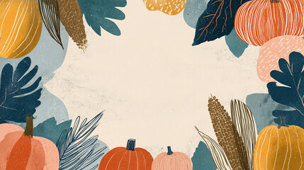 A decorative border of pumpkins, corn, and leaves in autumn colors. The center is blank, suitable for Thanksgiving Day messages or invitations.