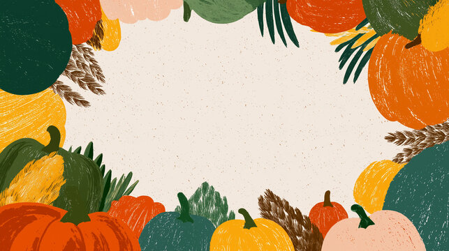 A festive Thanksgiving Day border featuring various pumpkins, gourds, and autumn leaves in warm colors. The background is neutral, enhancing the seasonal theme.