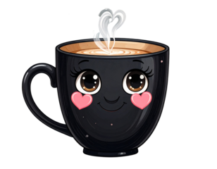 Cartoon Black Tea Mug with Funny Face, Cute Hot Drink Character, Isolated Transparent Background PNG