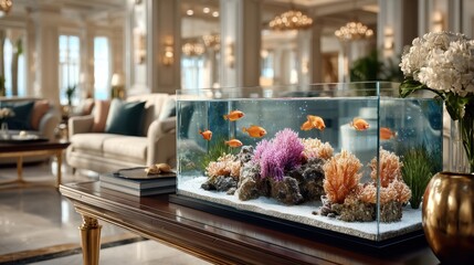 Vibrant aquarium with colorful fish and corals on a table in an elegant living room setting.