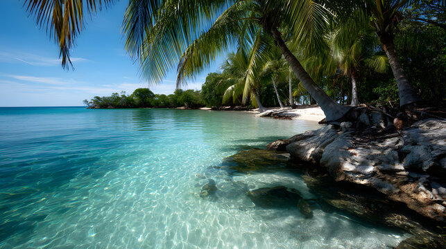 A secluded tropical beach with crystal-clear water lpping at the shore, palm tees offering shade and peae.