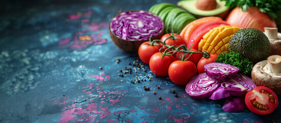 bright close-up of various plant ingredients, bright colors textures, plants, vegetables, fruits space for text.