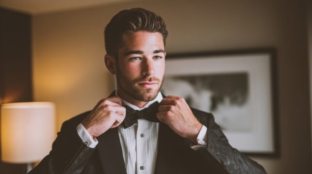 A well-groomed man is carefully adjusting his bow tie in a hotel room. The ambient light creates a warm atmosphere, indicating an evening event is approaching. - Powered by Adobe