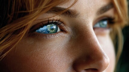 Close-up of a woman's eye reflecting Earth, symbolizing global awareness and sustainability.