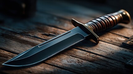 Close-up of a sleek black combat knife with a brown handle, resting on rustic wooden planks, emphasizing strength and self-defense.