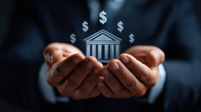 Investor holding a virtual bank building with floating dollar signs, symbolizing secure digital finance and wealth management.