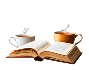 Open Book with Steaming Tea Cup Beside, Cozy Reading Illustration PNG