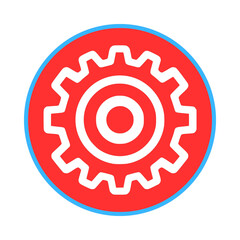 Red gear icon with blue outline on white background