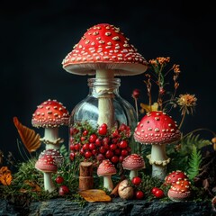 A vibrant composition of red fly agarics with white spots growing on a dark background