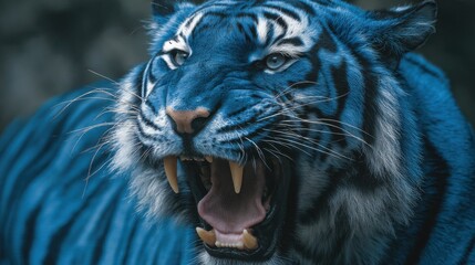 Obraz premium A striking blue tiger stands proudly, roaring as it showcases its powerful presence amidst lush greenery. The sun filters through the trees, illuminating its vivid fur.
