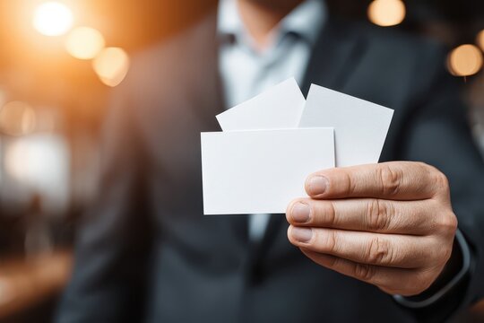 Close-up of a businessman holding blank white business cards, wearing a suit jacket, offering a fresh start and professional image for networking success.
