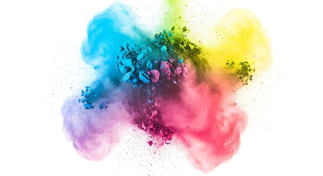 Explosion of vibrant Holi powder colors on a white background.