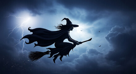 Silhouette of a witch flying on a broomstick against a stormy sky