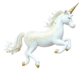 Running white unicorn isolated on transparent background, 3d illustration