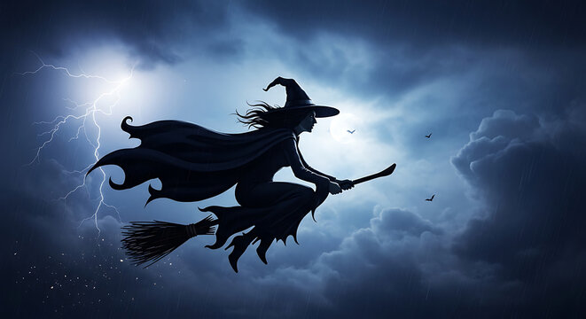 Silhouette of a witch flying on a broomstick against a stormy sky