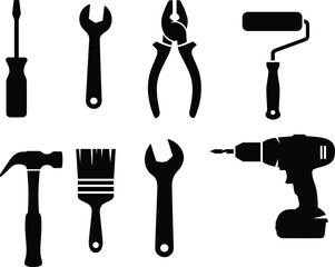 Vector set of black silhouette hand tools including screwdriver, wrench, pliers, paint roller, hammer, paintbrush, adjustable wrench, cordless drill on white background