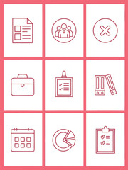 Business and Finance Icon Set Representing Management Team Documents Data and Planning with Pink Outline on White Background