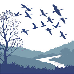 Birds Flying in Flock Silhouette – Nature Vector Illustration