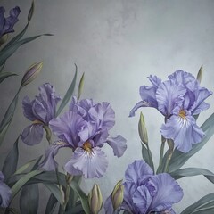 Wall decor. The fresco. Drawing for wallpaper. Painted irises. Beautiful big lilac flowers.