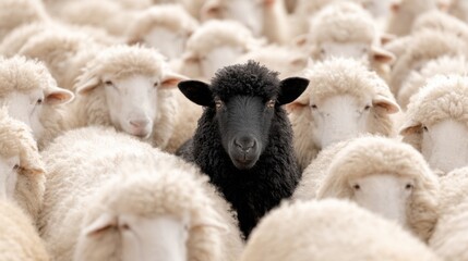 Naklejka premium A unique black sheep stands centrally among a large group of white sheep in a green pasture under bright daylight. The contrast highlights the distinctive appearance of the black sheep.