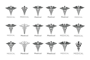 Set of Caduceus medical symbol vector with editable stroke.