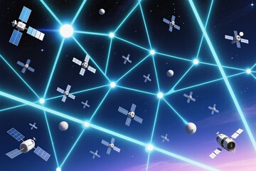 Fototapeta premium A visual representation of a satellite network in space, highlighting intricate connections and advanced technology