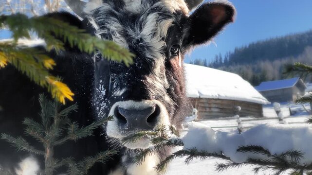 Beautiful calf looks into camera. Interaction with a cute animal in stable in open air in winter. Close -up portrait of bull, which licks snow from branches of coniferous wood.