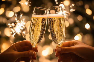 Elegant champagne toast with sparkling lights, perfect for celebrating New Year's Eve or a glamorous milestone occasion with joyful festive cheer