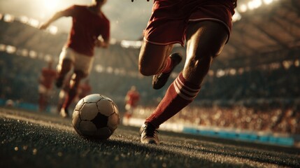 Excitement fills the air as athletes sprint across the green turf, chasing the soccer ball during a thrilling match in a busy stadium filled with fans.