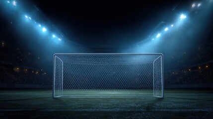 A soccer goal stands under bright stadium lights, casting shadows on the green field. The stadium is empty, creating an eerie yet captivating atmosphere.