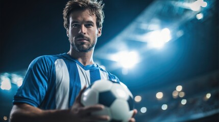 A male soccer player stands confidently on the field at night, holding a black and white soccer ball under the bright stadium lights, ready for action during a competitive match.