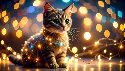 Kitten with holiday lights