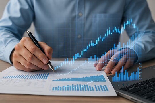 Businessman and financial analyst working on a report with a holographic chart showing stock market growth, representing investment strategy and successful data analysis.