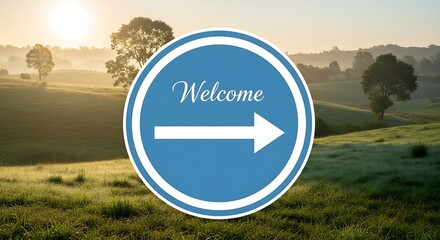 Welcome Sign in a Rural Landscape at Sunrise.