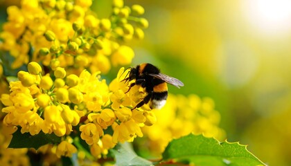 A vibrant bee collects pollen from bright yellow spring flowers, showcasing a close-up view of nature's beauty and the delicate interplay of insect and flora.