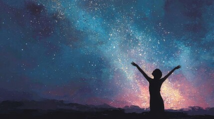 A person stands joyfully with arms raised against a breathtaking backdrop of the night sky filled with stars and vibrant colors. The tranquility of the moment enhances the sense of wonder.