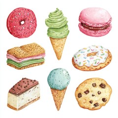 set of watercolor cookies illustrations, different tastes 