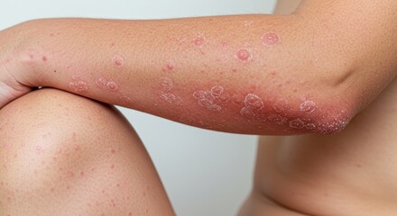 Fototapeta premium Acute Psoriasis on Elbows and Knees with Psoriatic Arthritis Showing Red, Inflamed, and Flaky Skin Rash in Medical Dermatology Context