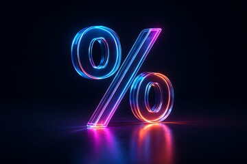 Glowing neon percent sign with a futuristic blue and pink light, representing financial interest rates, business discounts, sales, and investment return concepts.