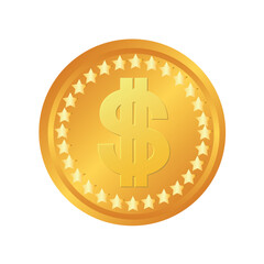 Premium golden coin with dollar symbol sparkling stars isolated on white elegant vector design concept