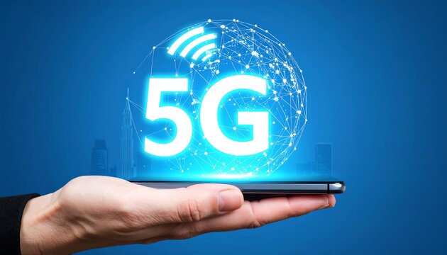 Hand holding a phone with a holographic 5G globe display