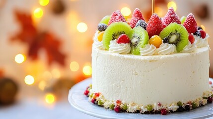 Delicious Fruit Cream Cake Decorated with Fresh Berries and Kiwi